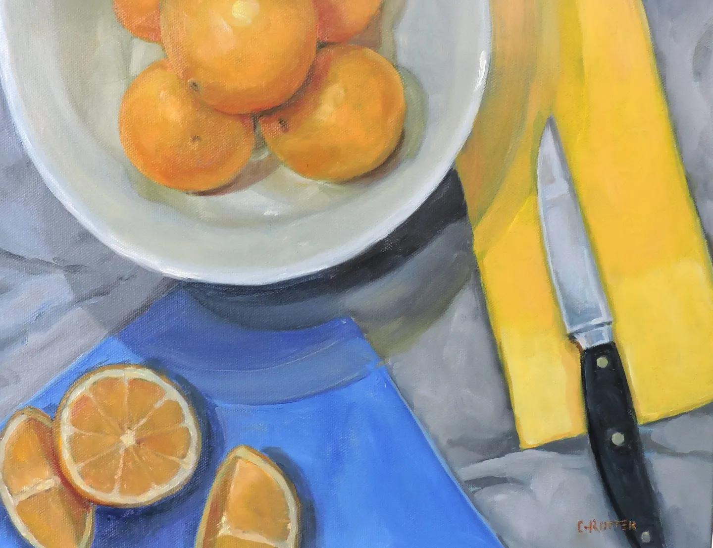 A painting of oranges in a plate