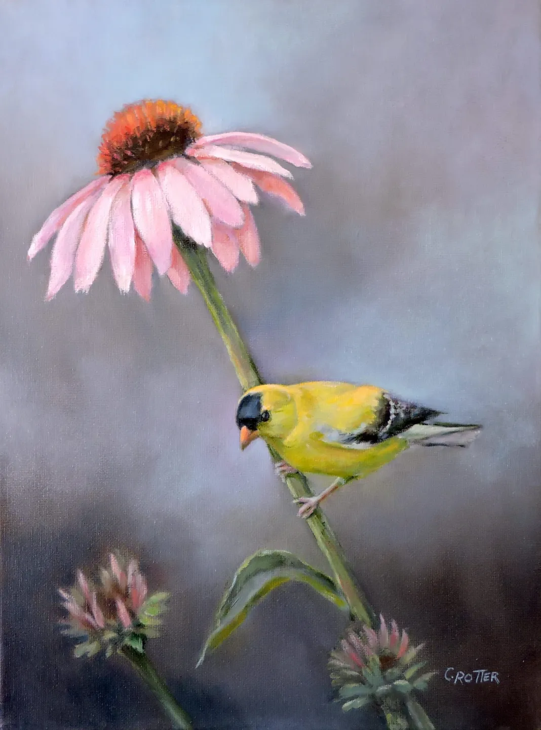 A painting of flowers and a bird